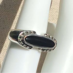 Vintage Sterling Silver 925 Onyx and Marcasite Ring Size 7 Signed ND